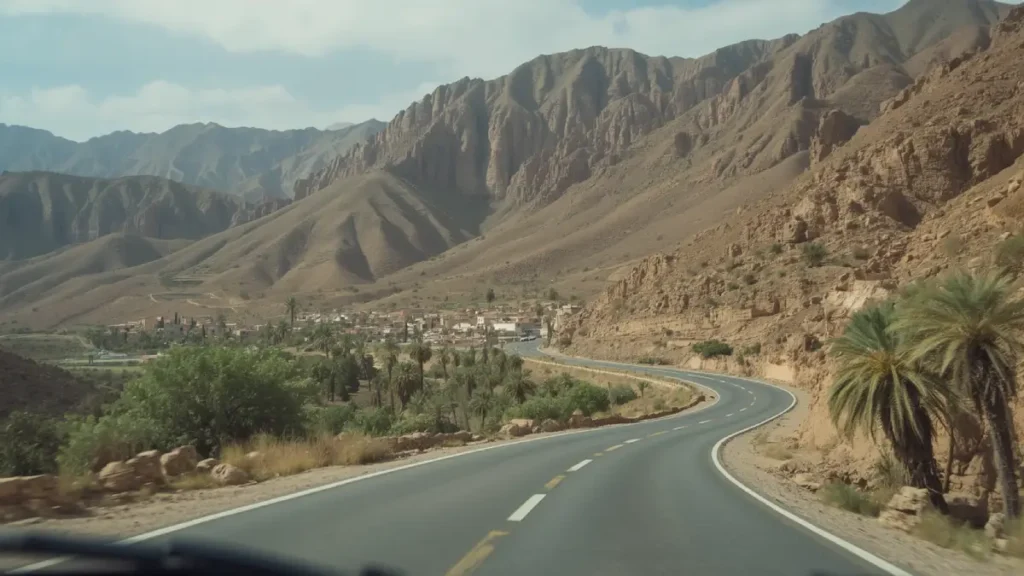 Road journey from Marrakech to Ait Ben Haddou through the High Atlas Mountains of Morocco