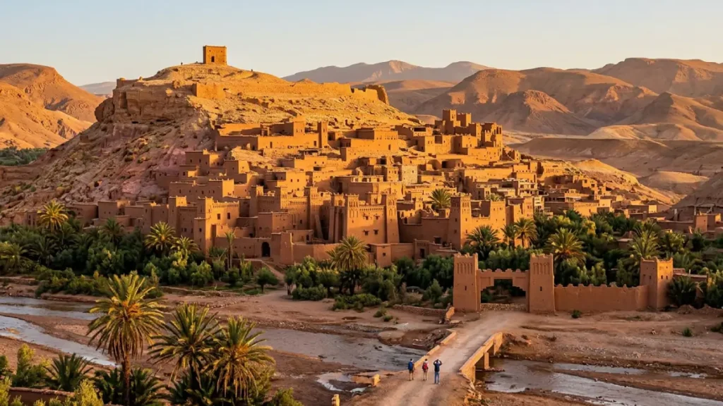 Ait Ben Haddou UNESCO ksar in Morocco with traditional earthen buildings and High Atlas landscape at sunset