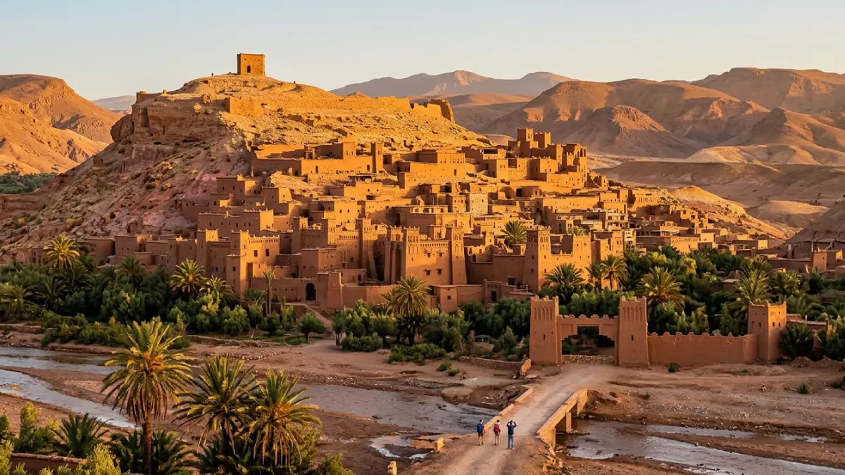 Ait Ben Haddou UNESCO ksar in Morocco with traditional earthen buildings and High Atlas landscape at sunset