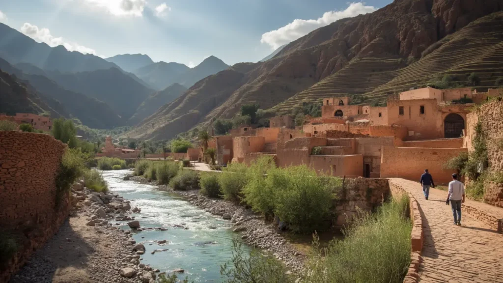 Ourika Valley near Marrakech with High Atlas mountains, Amazigh villages and mountain scenery in Morocco