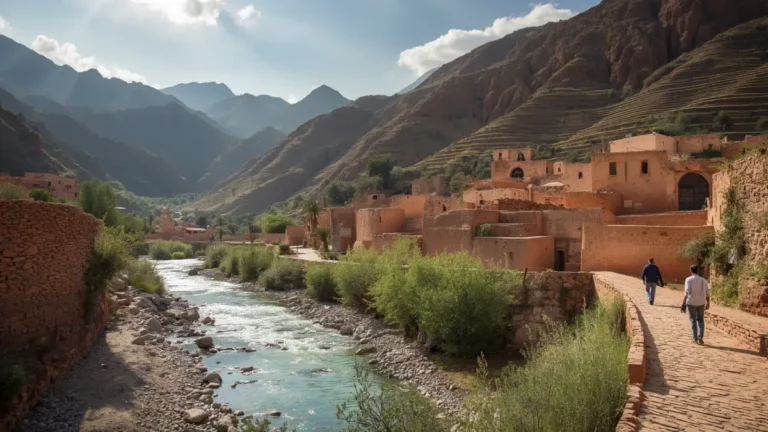 Ourika Valley near Marrakech with High Atlas mountains, Amazigh villages and mountain scenery in Morocco