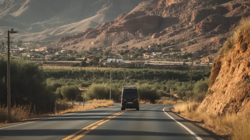 Road journey from Marrakech to Ourika Valley through the High Atlas foothills of Morocco