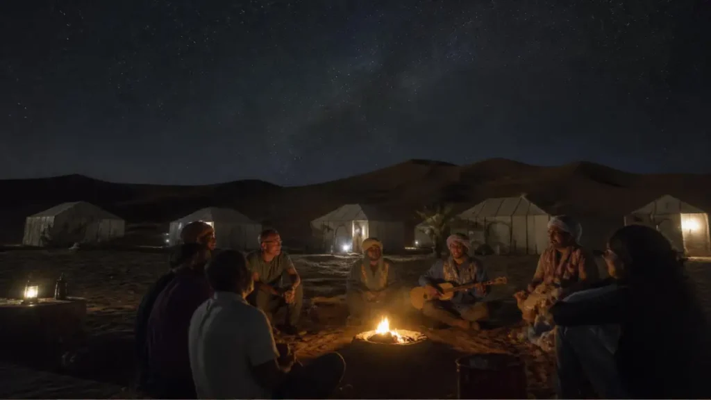 Travelers stargazing beside a small campfire at a Merzouga desert camp.