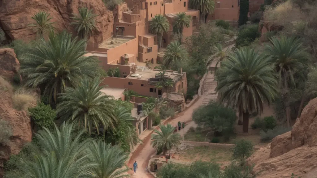 Palm trees and traditional village homes at Oasis Fint near Ouarzazate