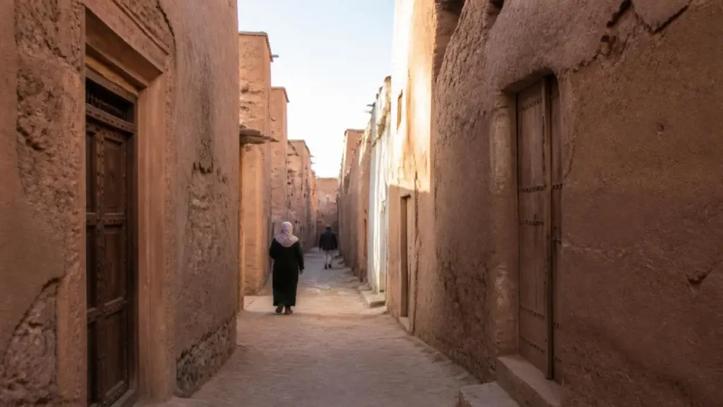 Narrow mud-brick street in the historic Mellah of Ouarzazate