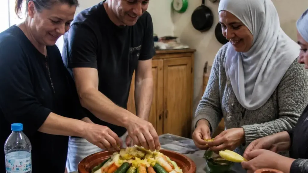 Travelers preparing couscous and tagine during a cooking class in Ouarzazate