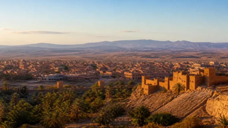 Panoramic view of Ouarzazate with ochre buildings and the High Atlas Mountains