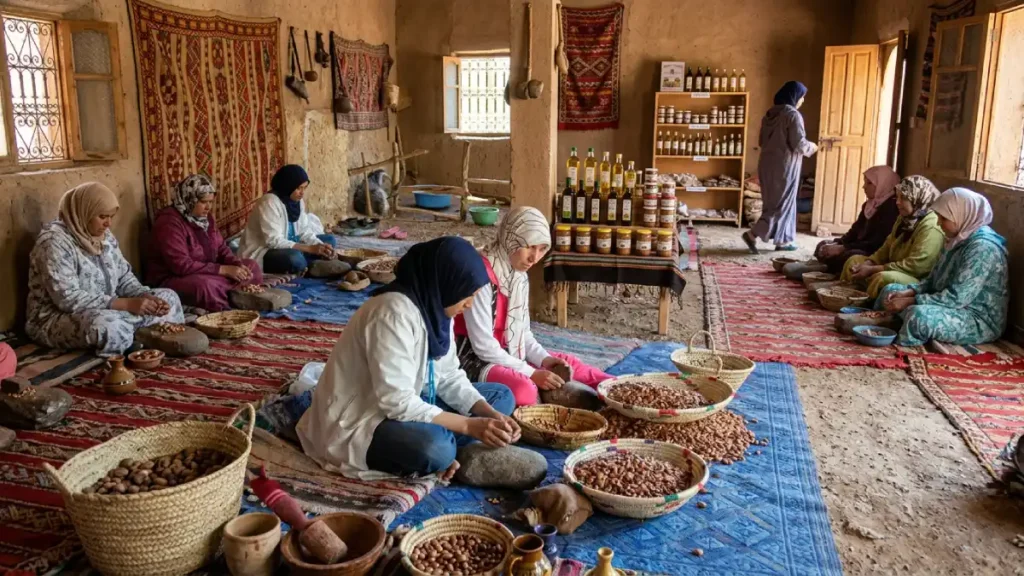 Traditional argan oil production demonstration near Ourika Valley Morocco