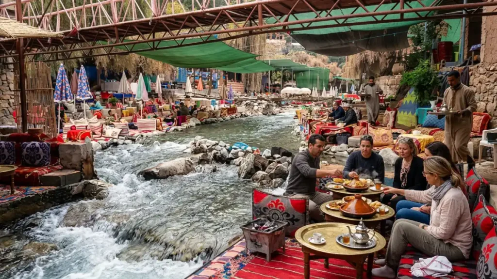 Riverside restaurant beside the Ourika River serving Moroccan food in the High Atlas Mountains