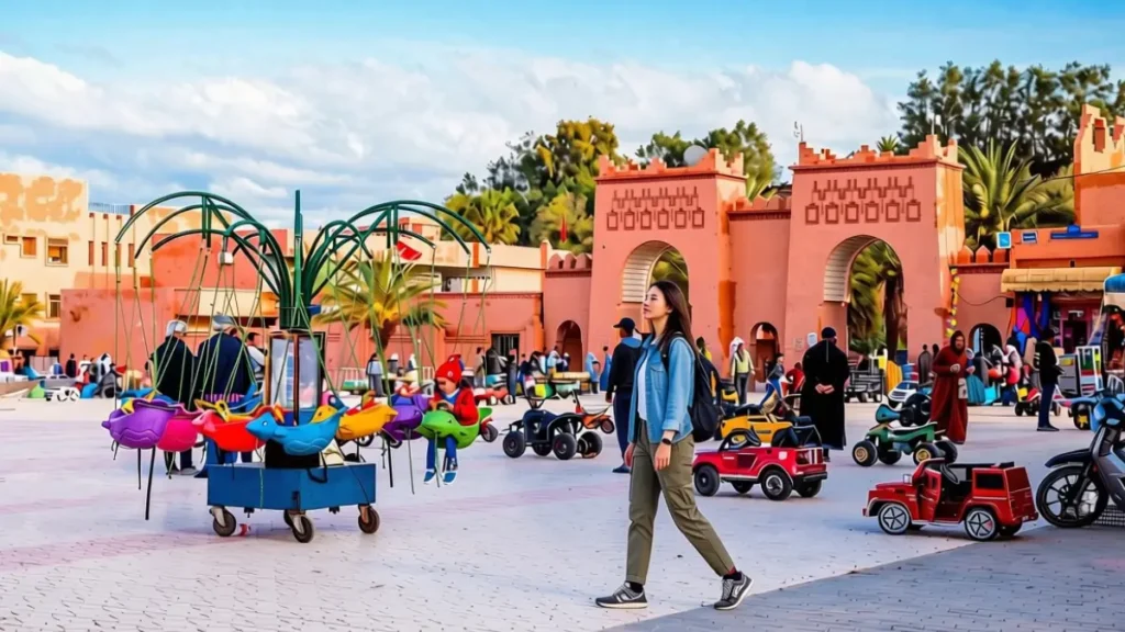 Families and market stalls at Place Al-Mouahidine in Ouarzazate after sunset