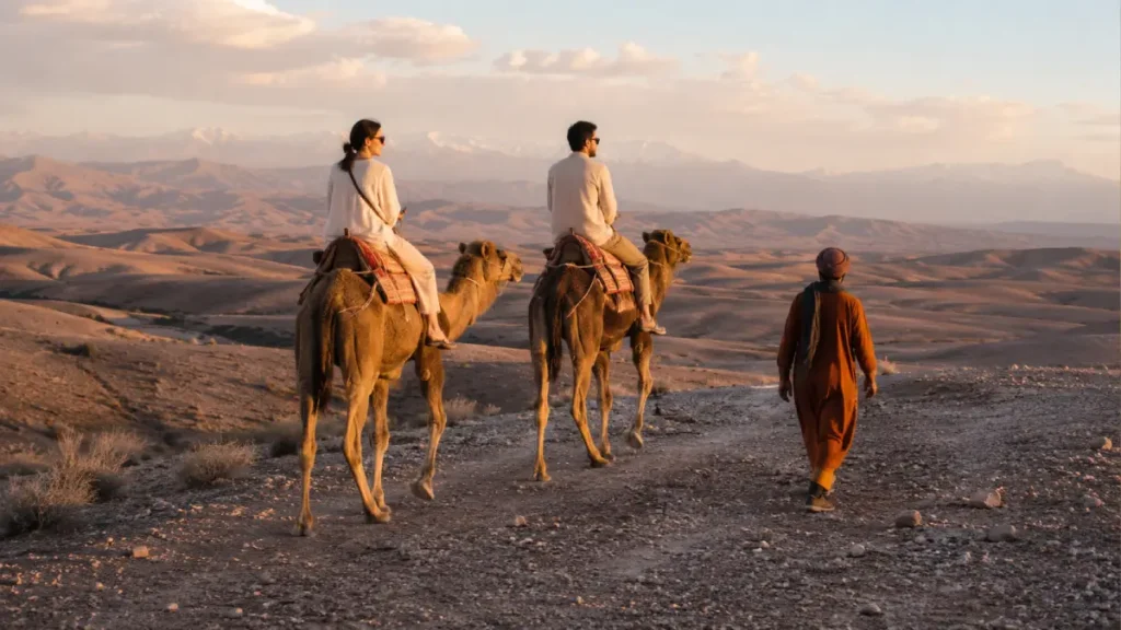 Couple taking a private camel ride in Agafay Desert