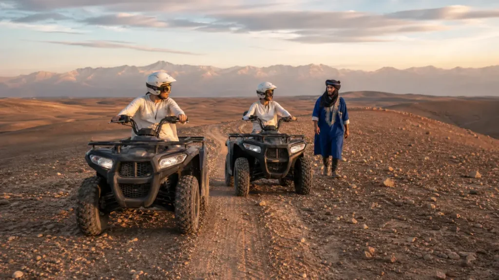 Couple taking a private quad-bike tour in Agafay Desert