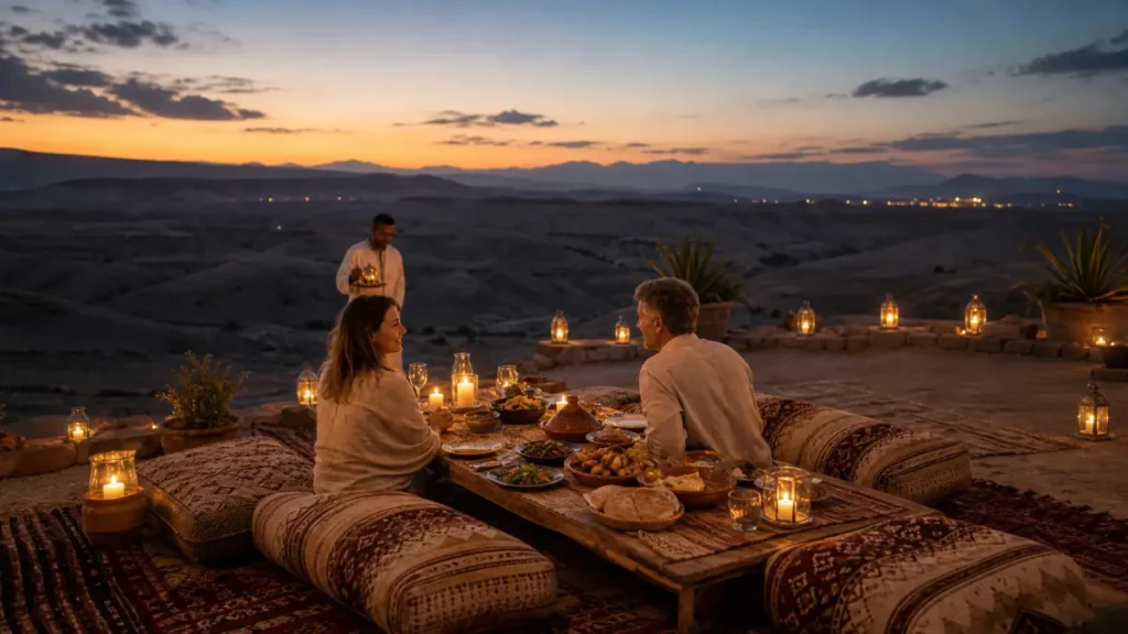 Couple enjoying a private candlelit dinner in Agafay Desert