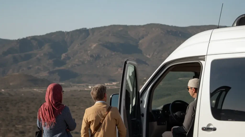Private driver and travelers stopping safely in the High Atlas Mountains