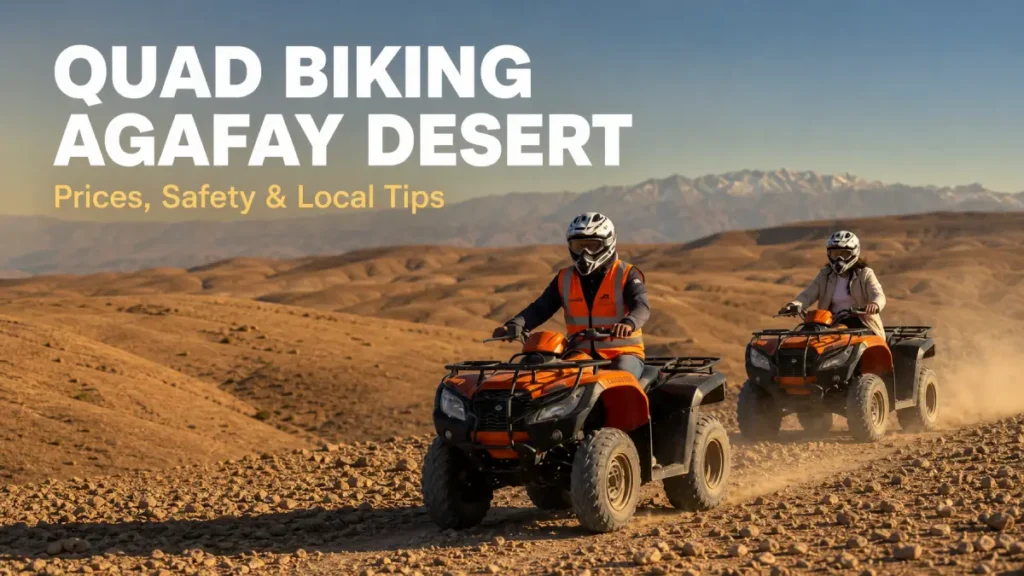 Travelers quad biking through the rocky Agafay Desert near Marrakech