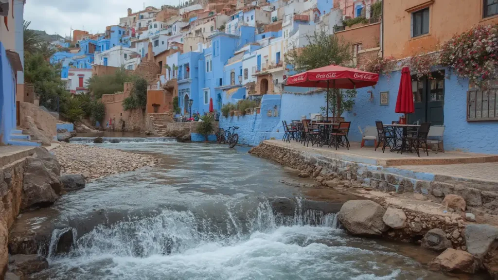 The Ras El Maa waterfall stream at the edge of the Chefchaouen medina, with small cafes and blue houses built into the hillside. on a day trip from Fes to Chefchaouen.