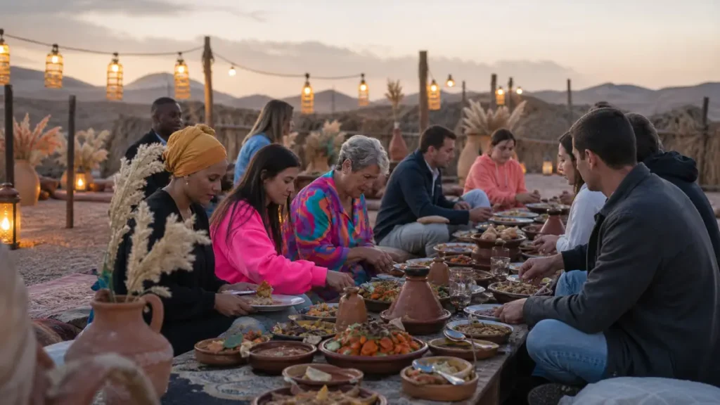 Small group enjoying a shared Agafay Desert sunset dinner
