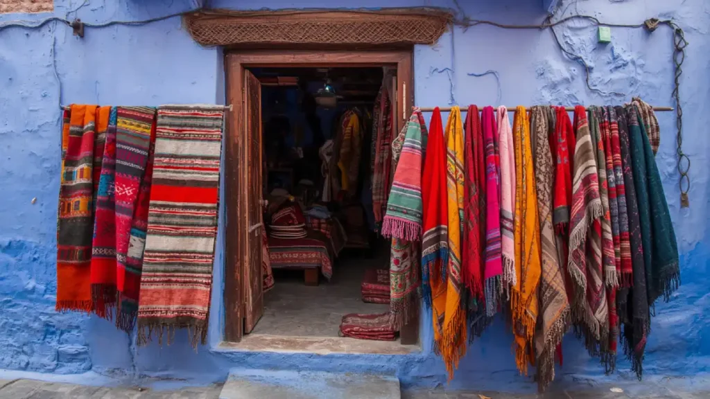 Colorful woven Moroccan blankets and wool garments hanging outside a shop with light blue walls in the Chefchaouen medina.