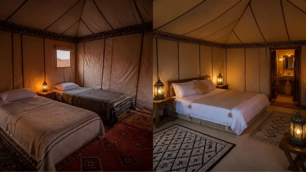 Comparison of a standard Merzouga desert tent and a higher-comfort camp tent.