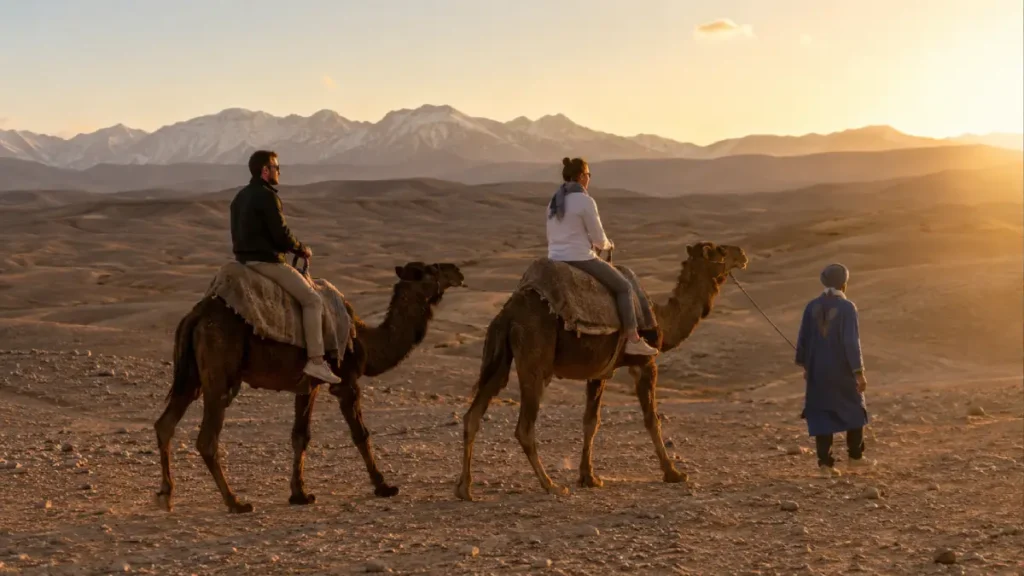 Travelers enjoying a sunset camel ride in the rocky Agafay Desert