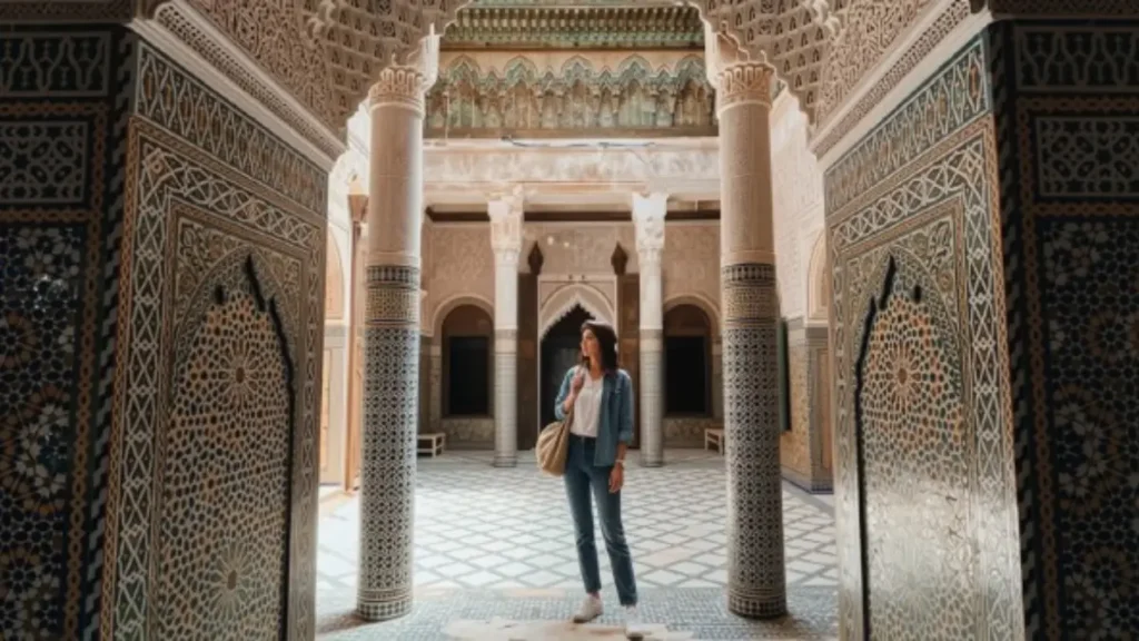 Decorated interior room inside historic Telouet Kasbah in Morocco
