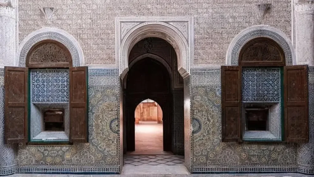 Zellij mosaics and carved cedar ceiling inside Telouet Kasbah Morocco