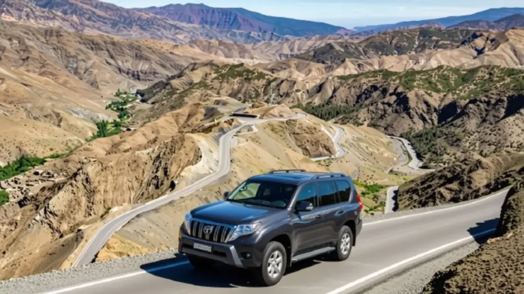 Private vehicle crossing the winding Tizi n’Tichka Pass between Marrakech and southern Morocco.