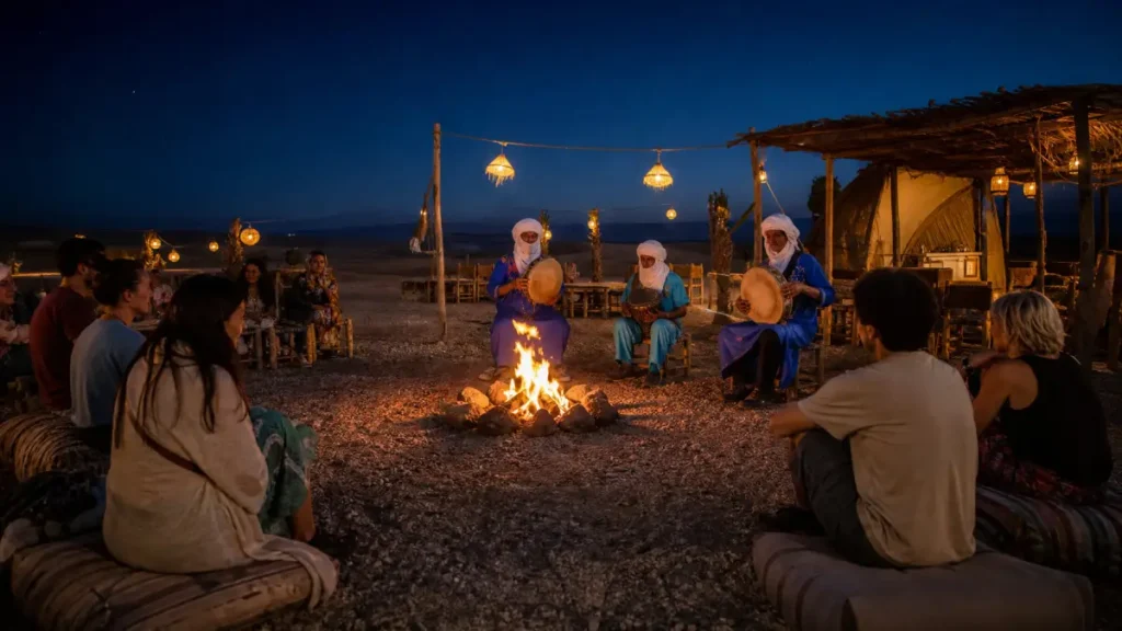 Moroccan musicians performing during an Agafay Desert dinner