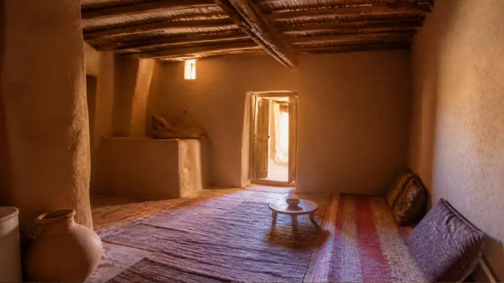 Traditional earthen house interior with wooden beams and woven rugs in Aït Ben Haddou