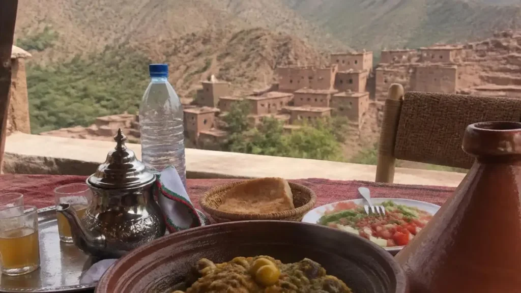 Traditional Moroccan lunch near Telouet Kasbah with mountain views