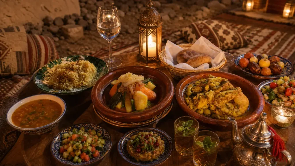 Traditional Moroccan food served at an Agafay Desert dinner
