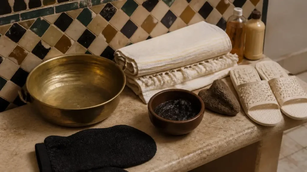 Kessa glove, black soap, towel, and sandals for a traditional Moroccan hammam
