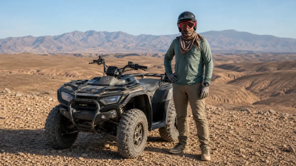 Traveler wearing proper clothing and safety gear for Agafay quad biking