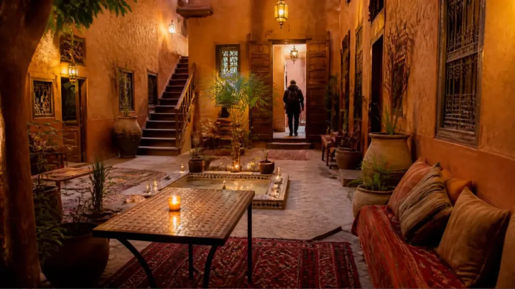 Traditional ochre riad courtyard at a locally owned hotel in Ouarzazate