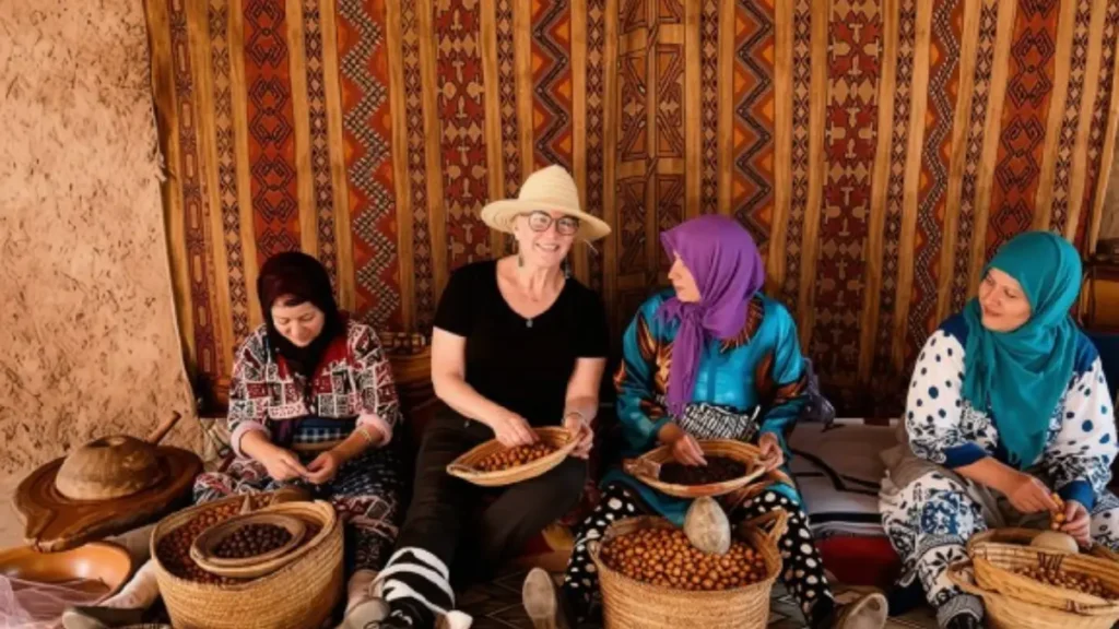 Traveler learning how argan nuts are processed with women at an argan oil cooperative near Essaouira