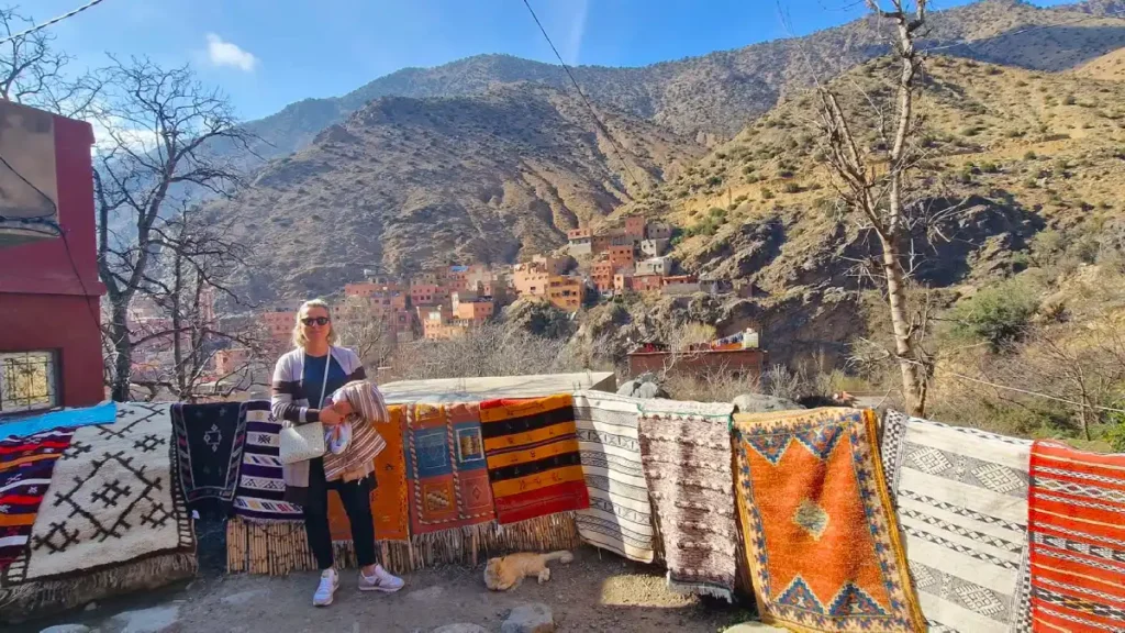 Amazigh village and traditional rugs in the Atlas Mountains near Marrakech