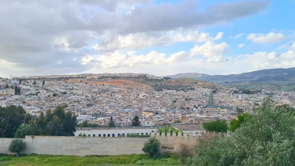 Panoramic view over Fes Medina and surrounding hills in Morocco