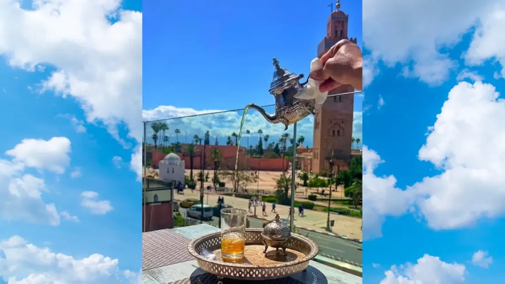 Moroccan mint tea on a Marrakech rooftop overlooking the Koutoubia Mosque