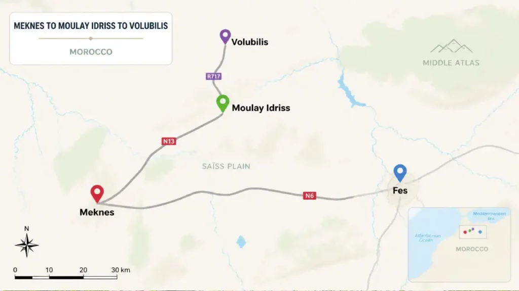 Map showing Volubilis, Moulay Idriss, Meknes and Fes in Morocco