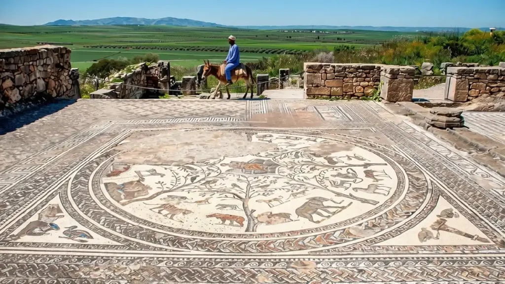 Roman floor mosaic preserved among the ruins of Volubilis