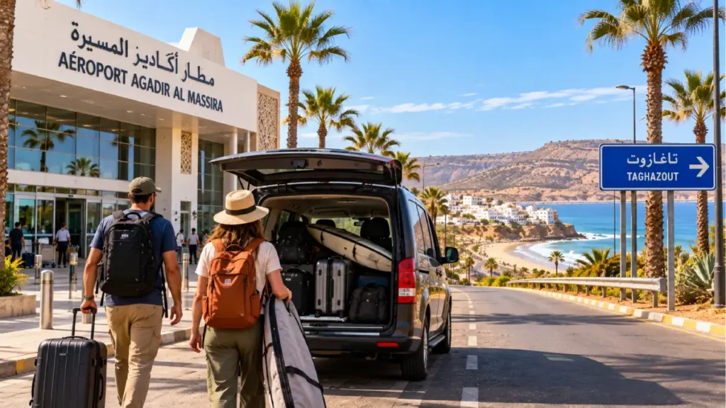 Travelers with luggage and surfboards leaving Agadir Al Massira Airport for Taghazout