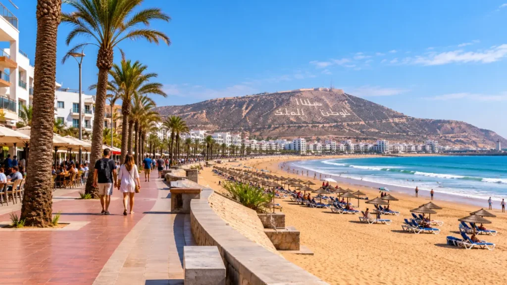 Agadir Beach and palm-lined Corniche with Atlantic Ocean views in Morocco