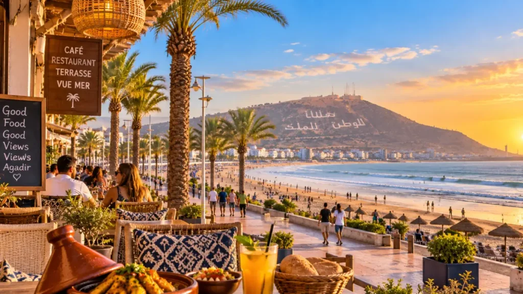 Moroccan food at a beachfront restaurant overlooking Agadir Beach