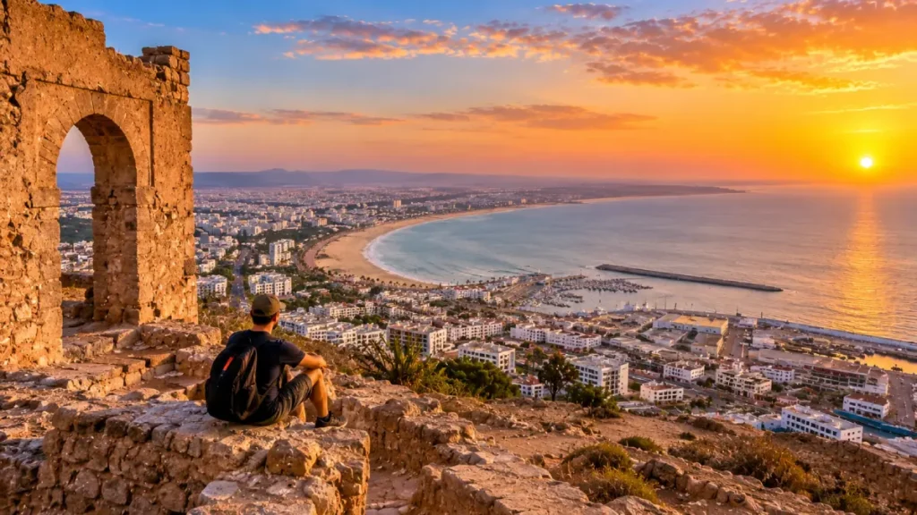 Panoramic sunset view over Agadir Beach and the city from Agadir Oufella