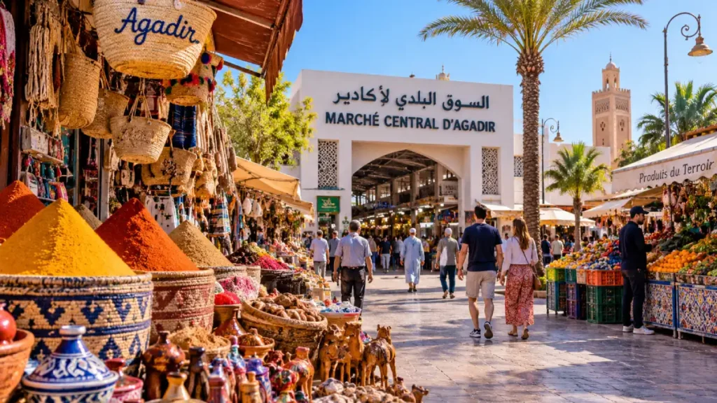 Colorful market stalls and shoppers at Souk El Had in Agadir Morocco