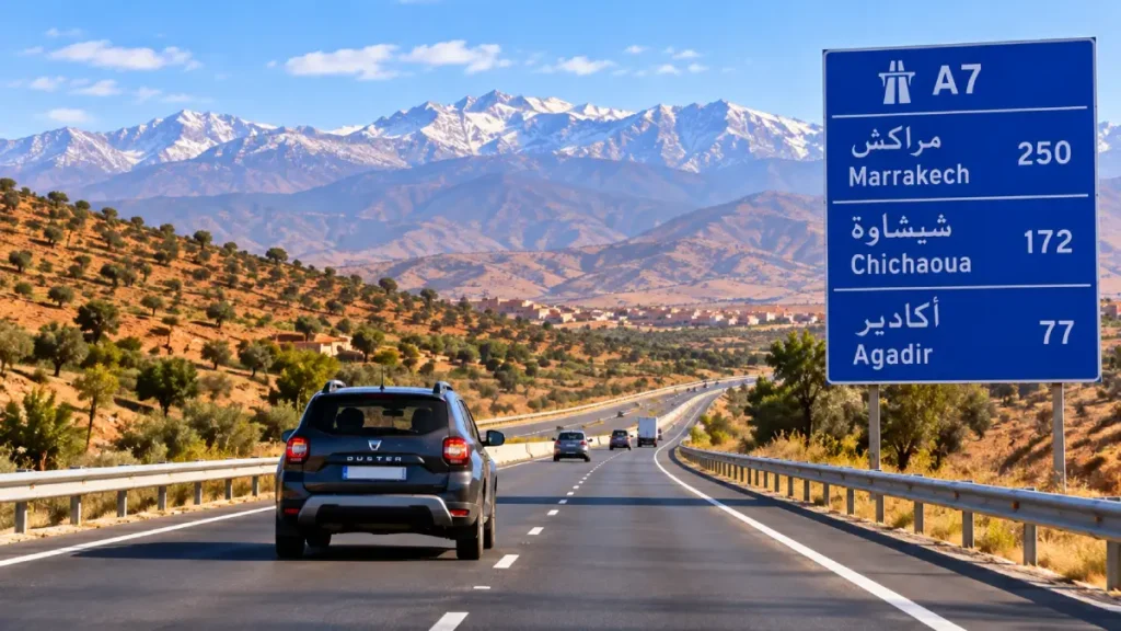 Rental car driving on the A7 motorway from Agadir toward Marrakech