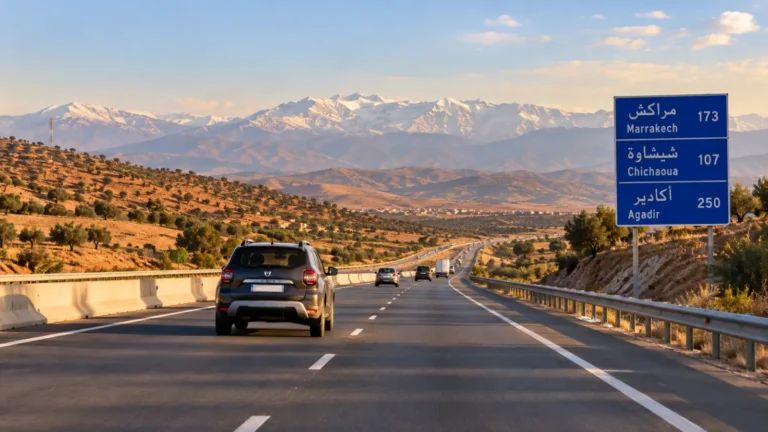 Car driving from Agadir to Marrakech on the A7 motorway in Morocco