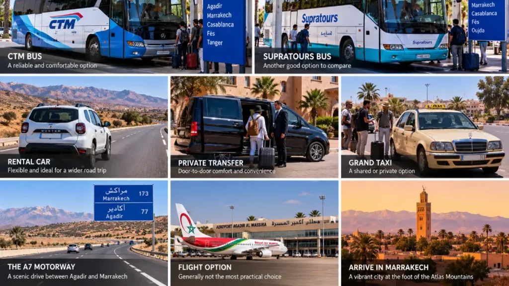 Bus, private transfer, rental car and taxi options from Agadir to Marrakech