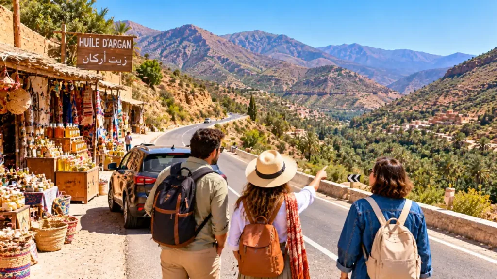 Mountain road from Agadir to Paradise Valley with travelers stopping near an argan oil stall