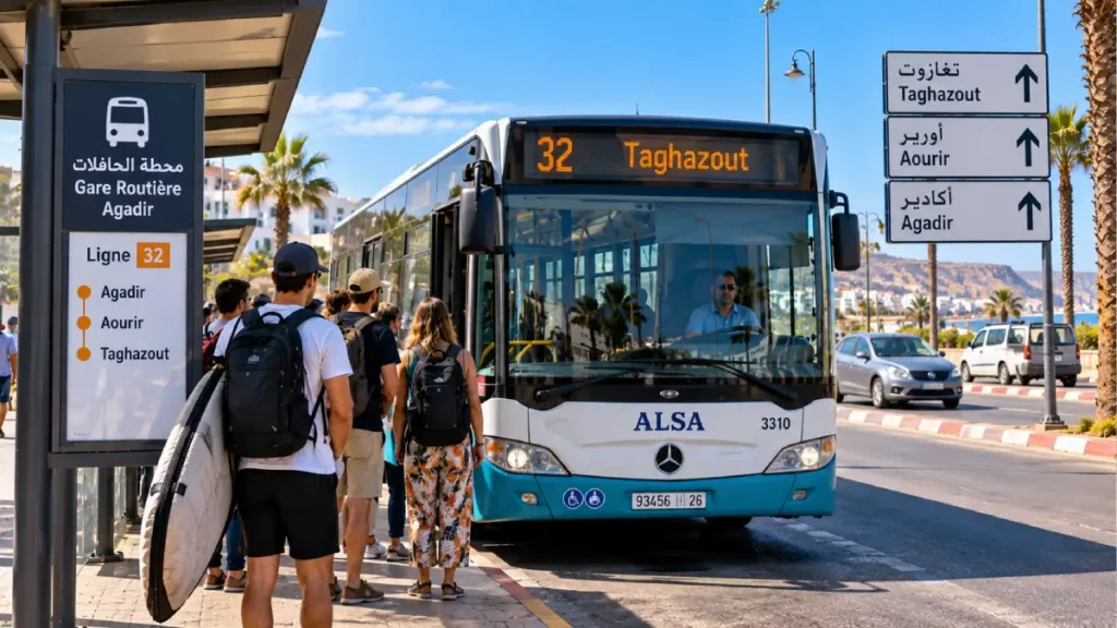 Travelers boarding a local bus from Agadir to Taghazout with backpacks and surfboards